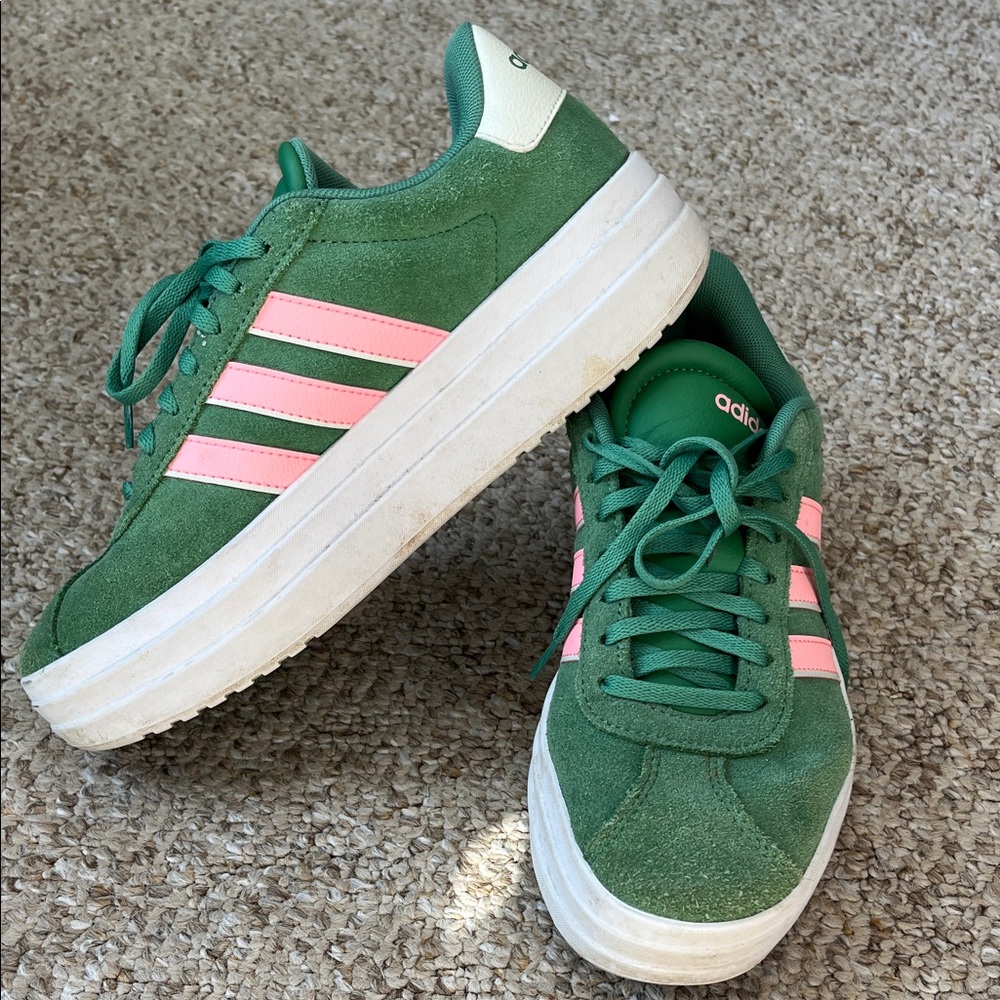 Adidas Women's Green and Pink Suede Sneakers